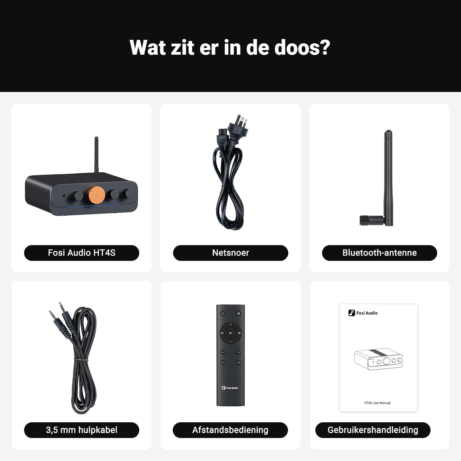Sechs Artikel, darunter ein Verstärker, Netzkabel, Antenne und Kabel.