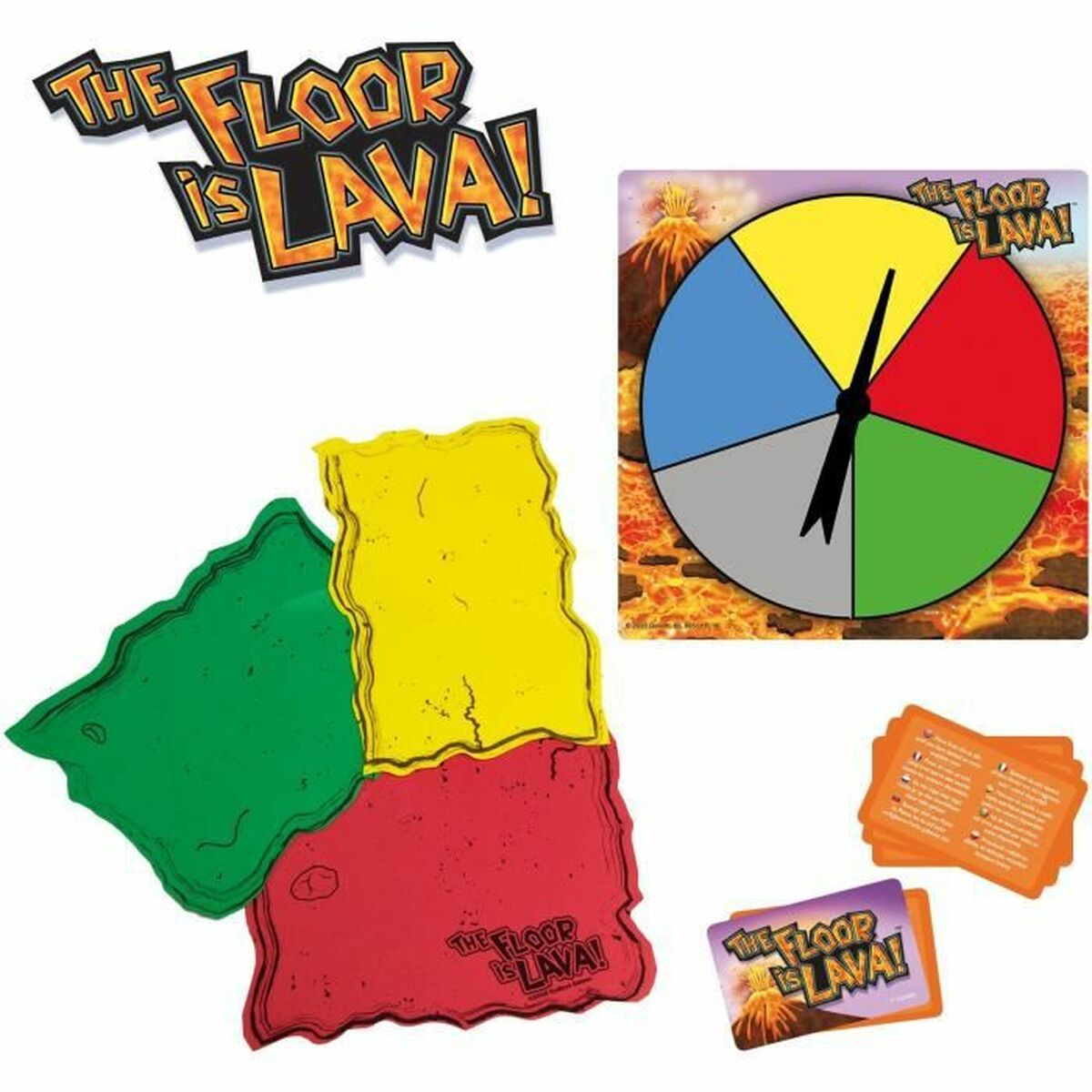 Een bordspel met een draaiwiel, spelstukken en kaarten met de titel "The Floor is Lava!"