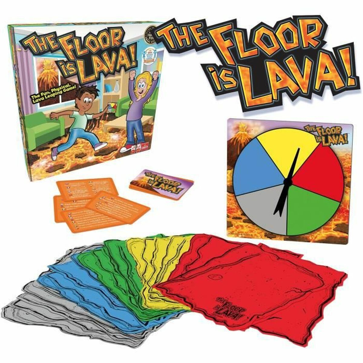 De Floor is Lava-speldoos, spelstukken, kaarten en een spinner. Kleurrijke matten en spelelementen zijn zichtbaar.