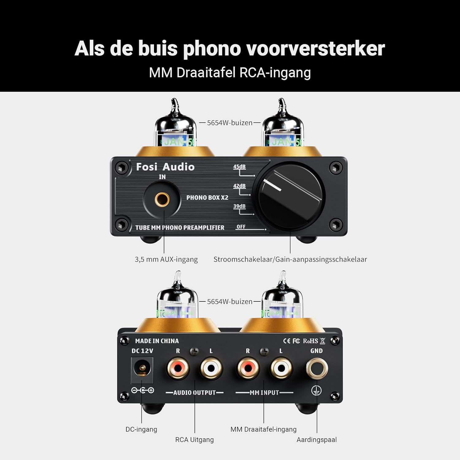 Gros plan d'un appareil audio avec des tubes à vide, des entrées et des sorties, étiqueté avec du texte.