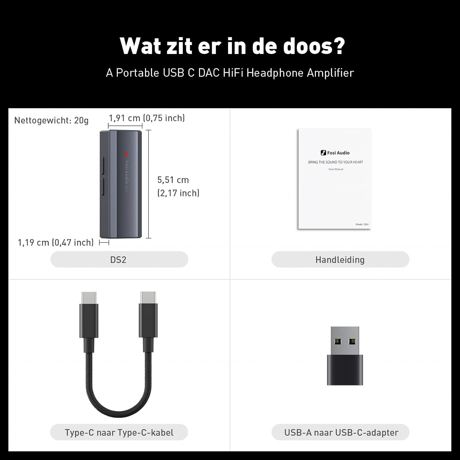 Image montrant un petit appareil audio, des câbles et un manuel d'utilisation, avec des dimensions notées.