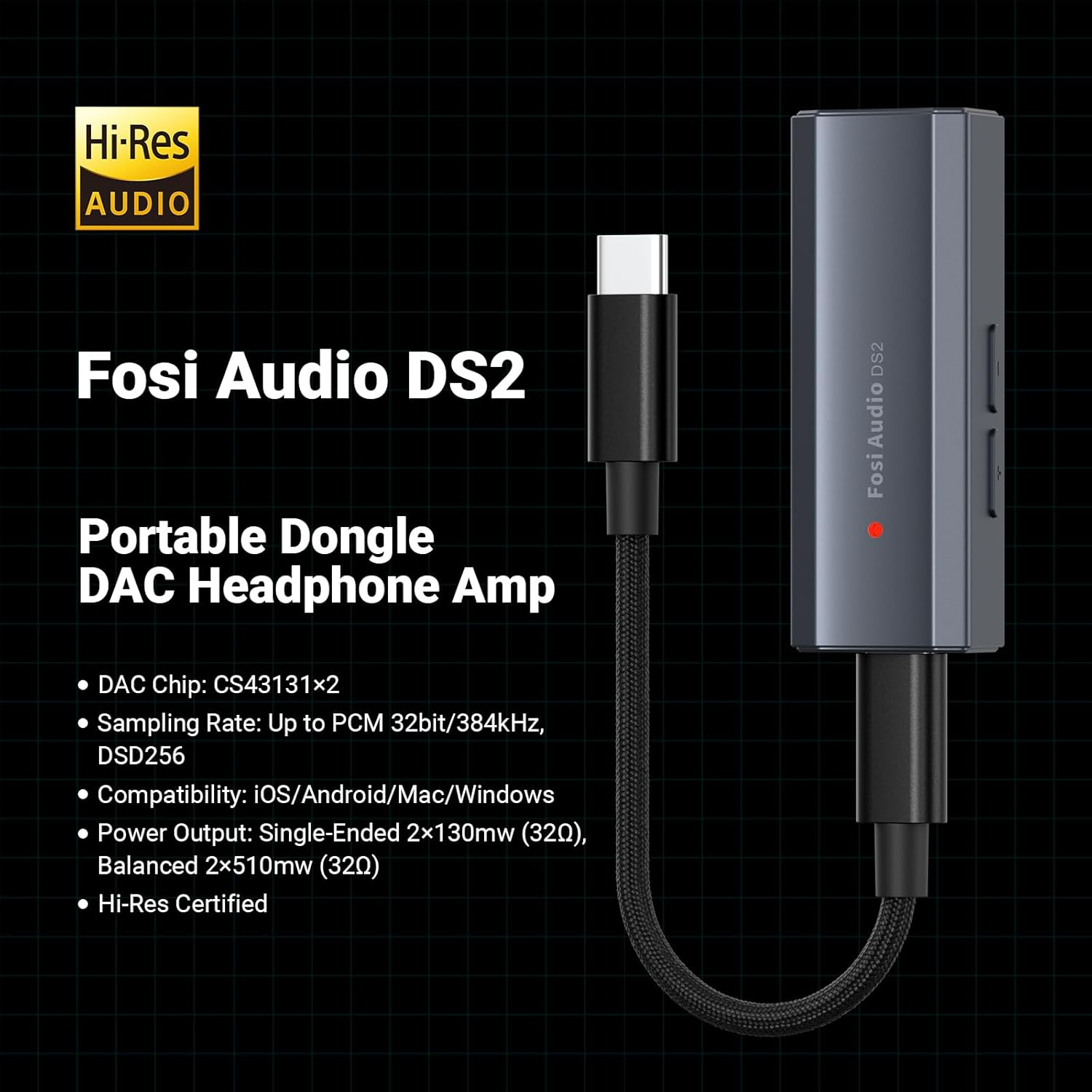 Un appareil audio noir avec un câble connecté, des étiquettes de texte et une description du produit.