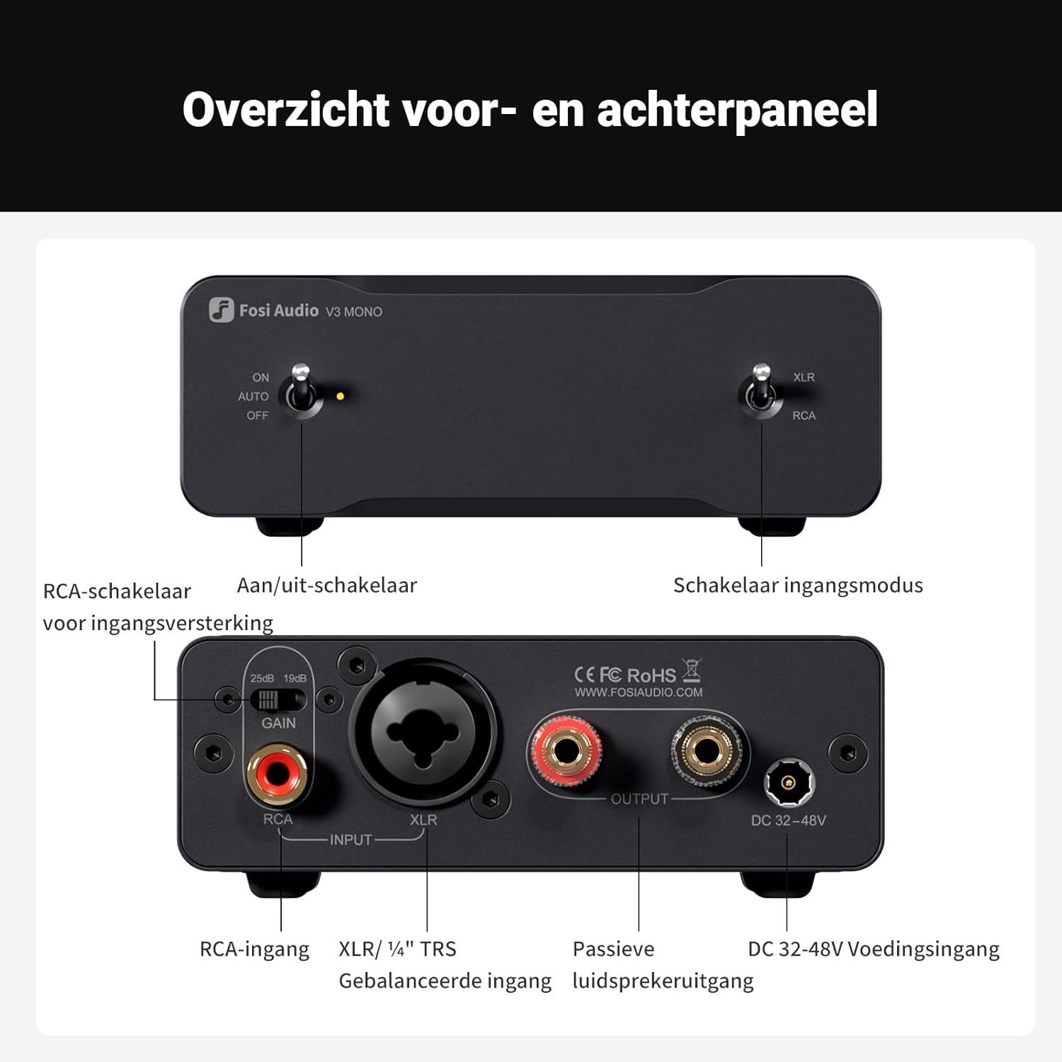 Panneau avant de l'appareil audio avec entrées et sorties RCA et XLR. L'interrupteur marche/arrêt est visible. Fond noir.