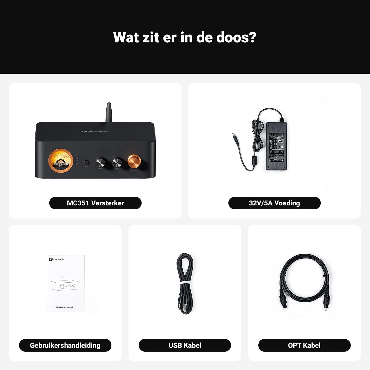 Image montrant le contenu d'une boîte, comprenant un appareil audio, des câbles et un manuel d'utilisation.