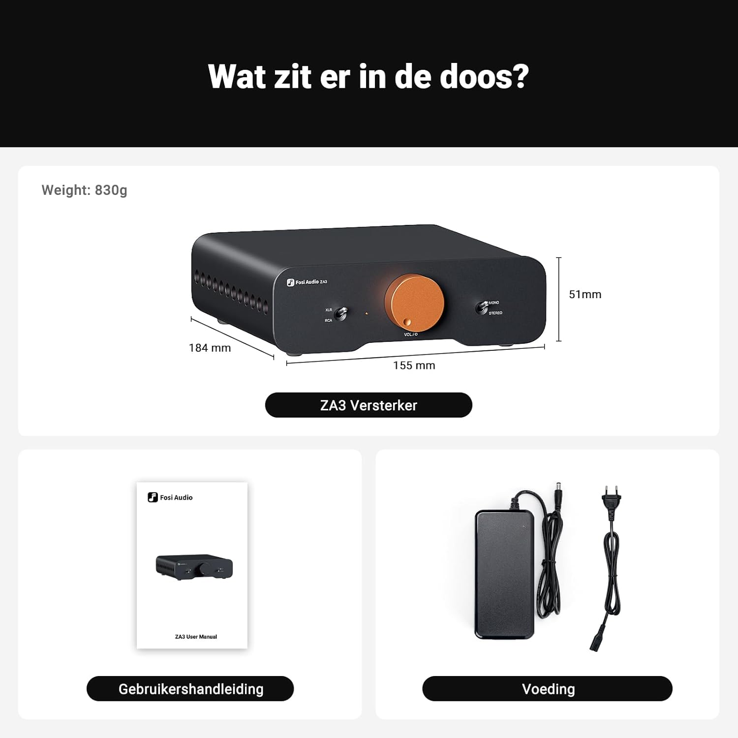 Image montrant le contenu d'une boîte, comprenant un appareil audio, une alimentation et un manuel d'utilisation.