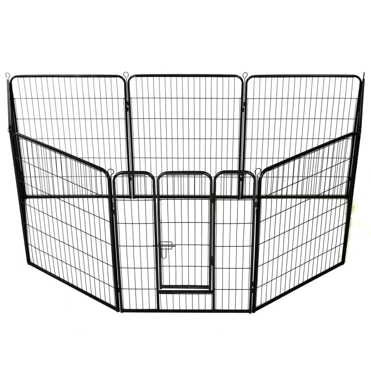 Schwarzer Metall-Haustier-Laufstall. Sieben Paneele bilden einen geschlossenen Laufstall. Weißer Hintergrund.