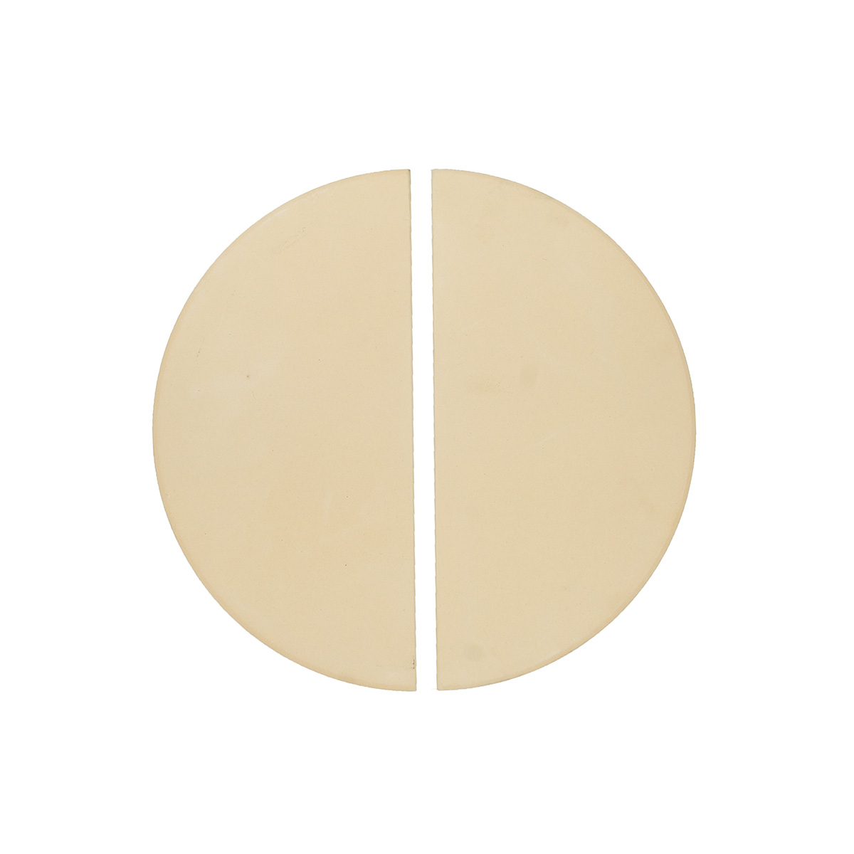 Two half-circle shaped, beige-colored pizza stones.
