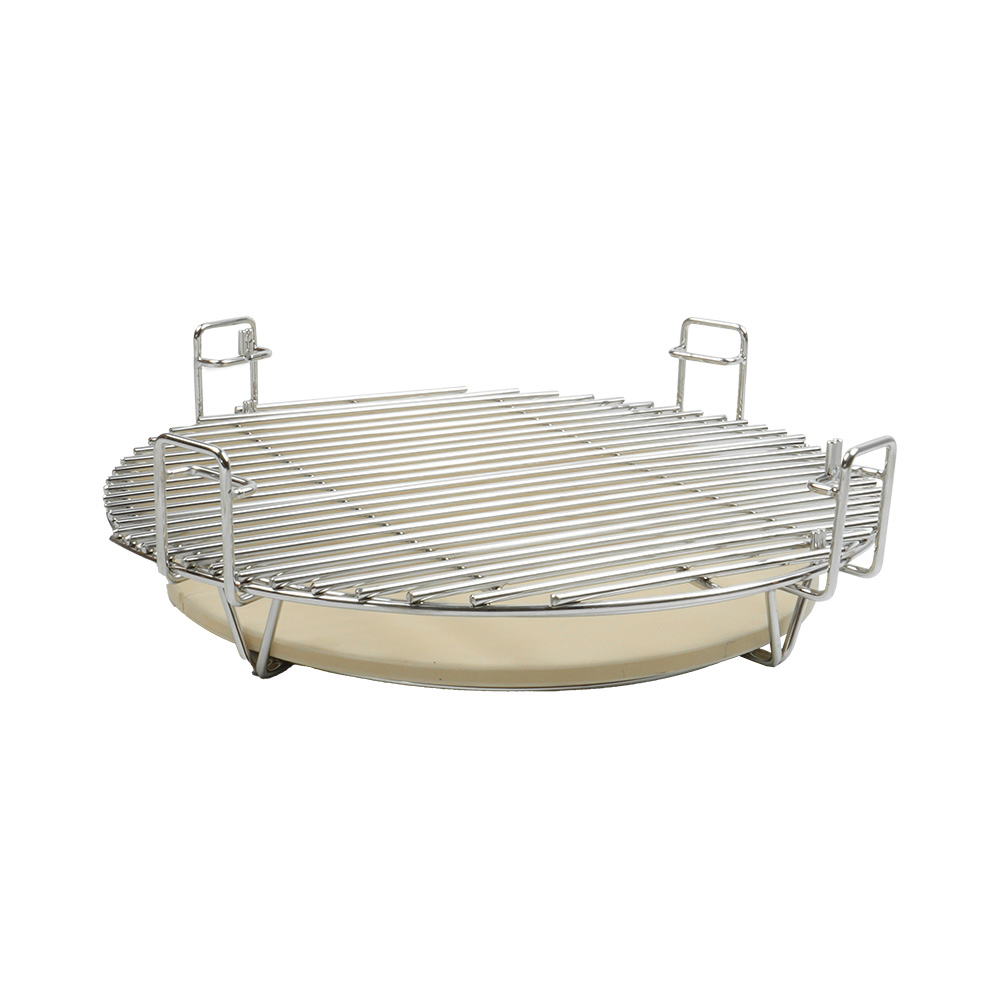 A chrome grill grate set on a beige, round base with handles.
