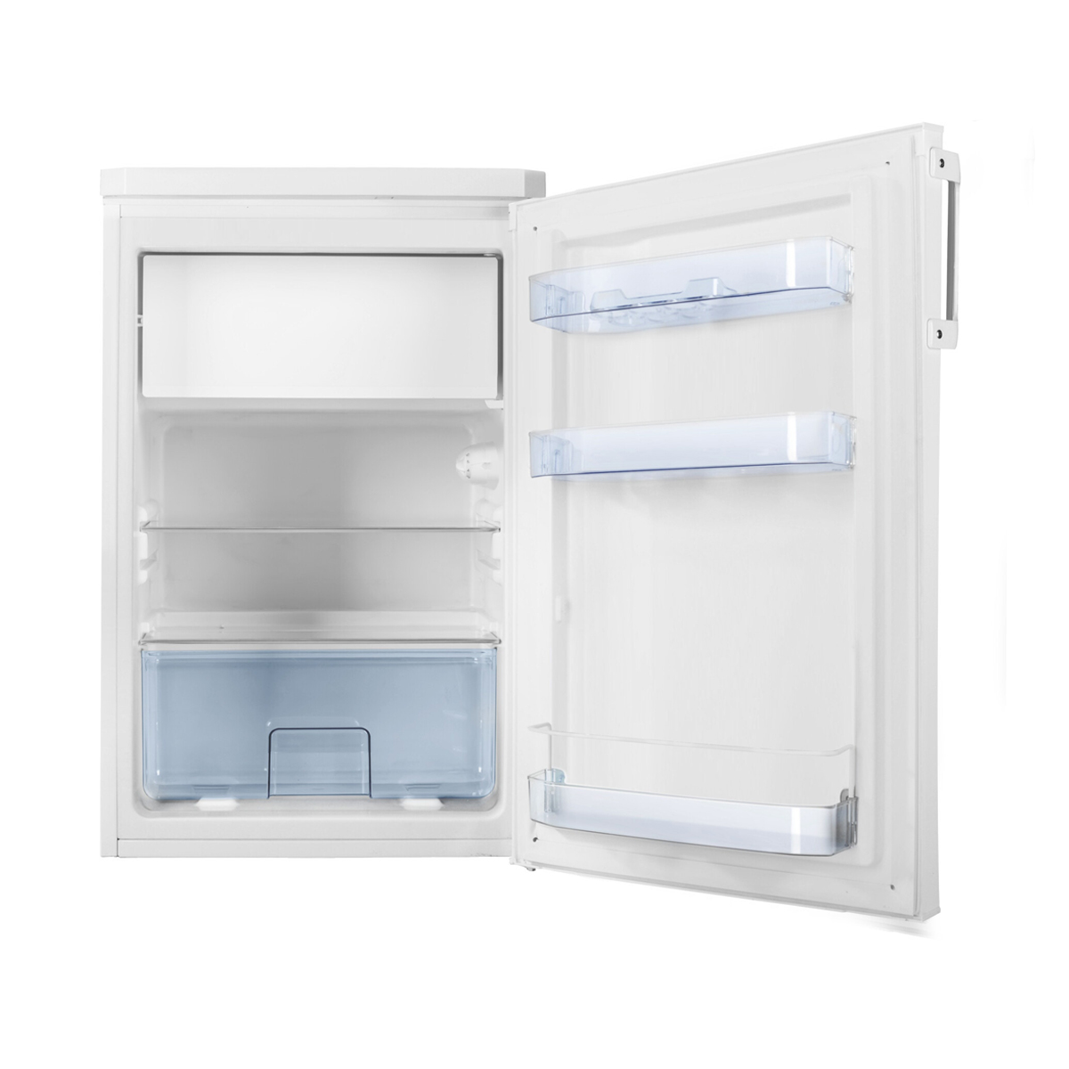 Offener Kühlschrank mit Regalen und einer Schublade. Innenraum weiß mit blauen Akzenten.