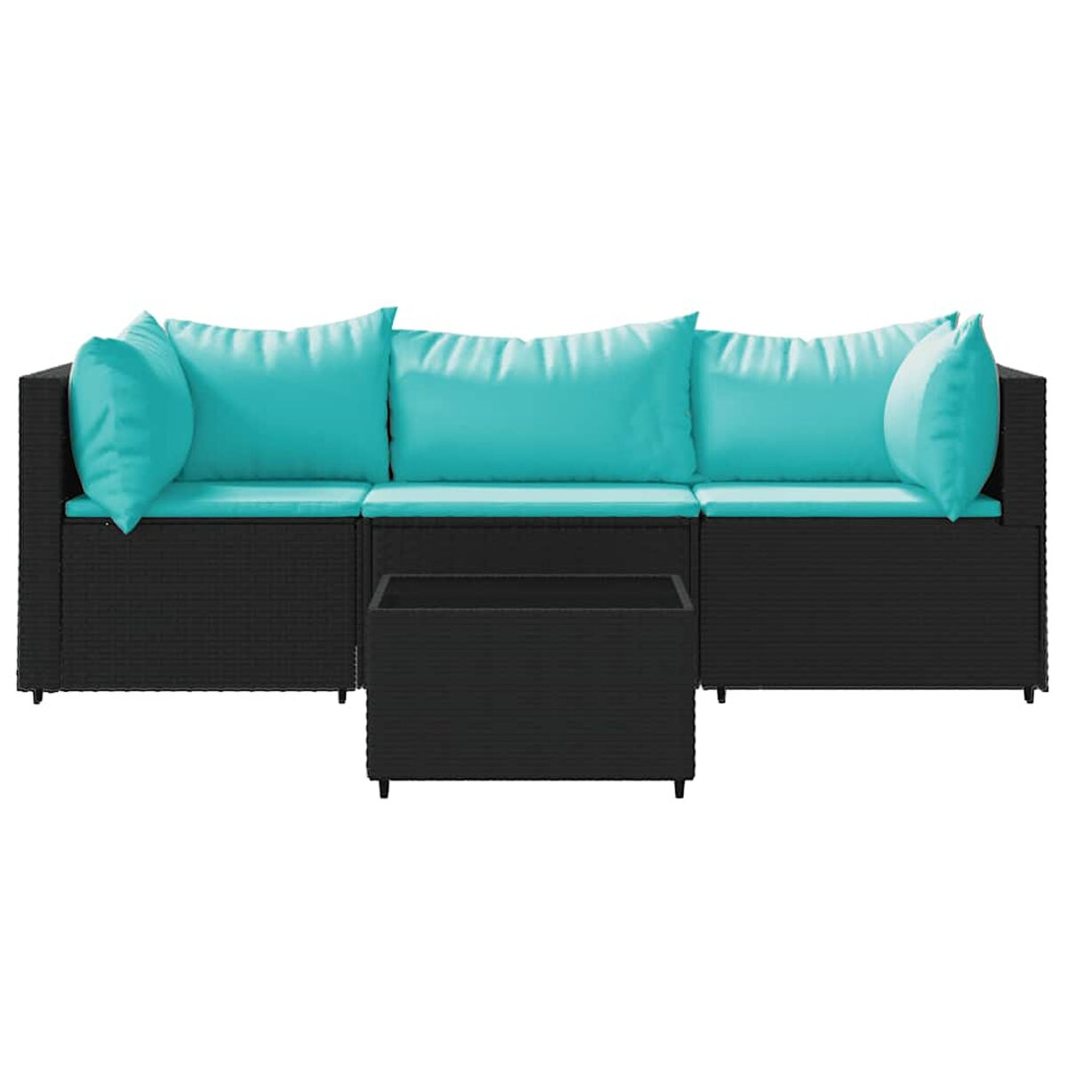 Ein schwarzes Outdoor-Ecksofa mit türkisfarbenen Kissen und einem passenden Tisch.