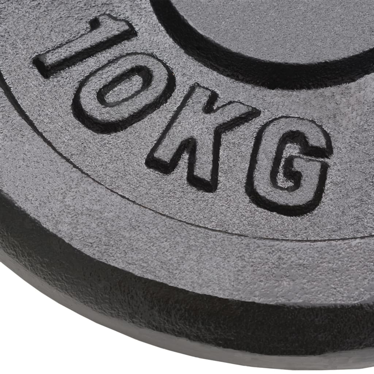 Nahaufnahme einer schwarzen Gewichtsplatte mit einer 10KG-Markierung.