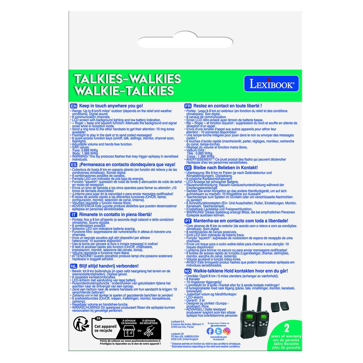 Karta informacyjna produktu w wielu językach o walkie-talkie.