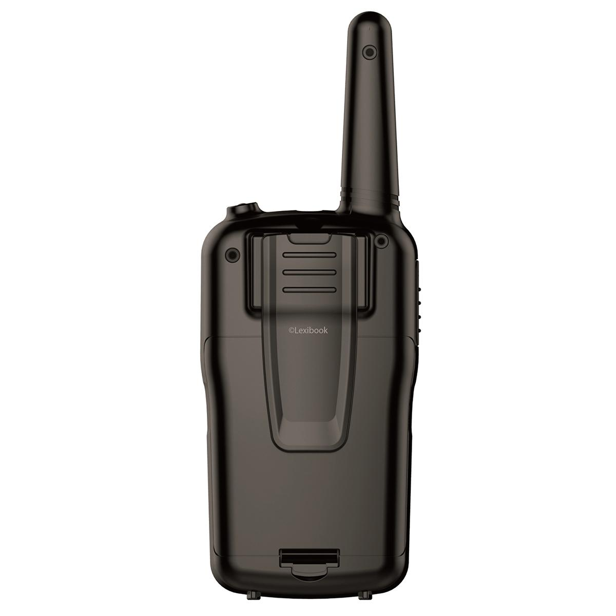 Czarny walkie-talkie Lexibook z klipsem do paska, tyłem do przodu.