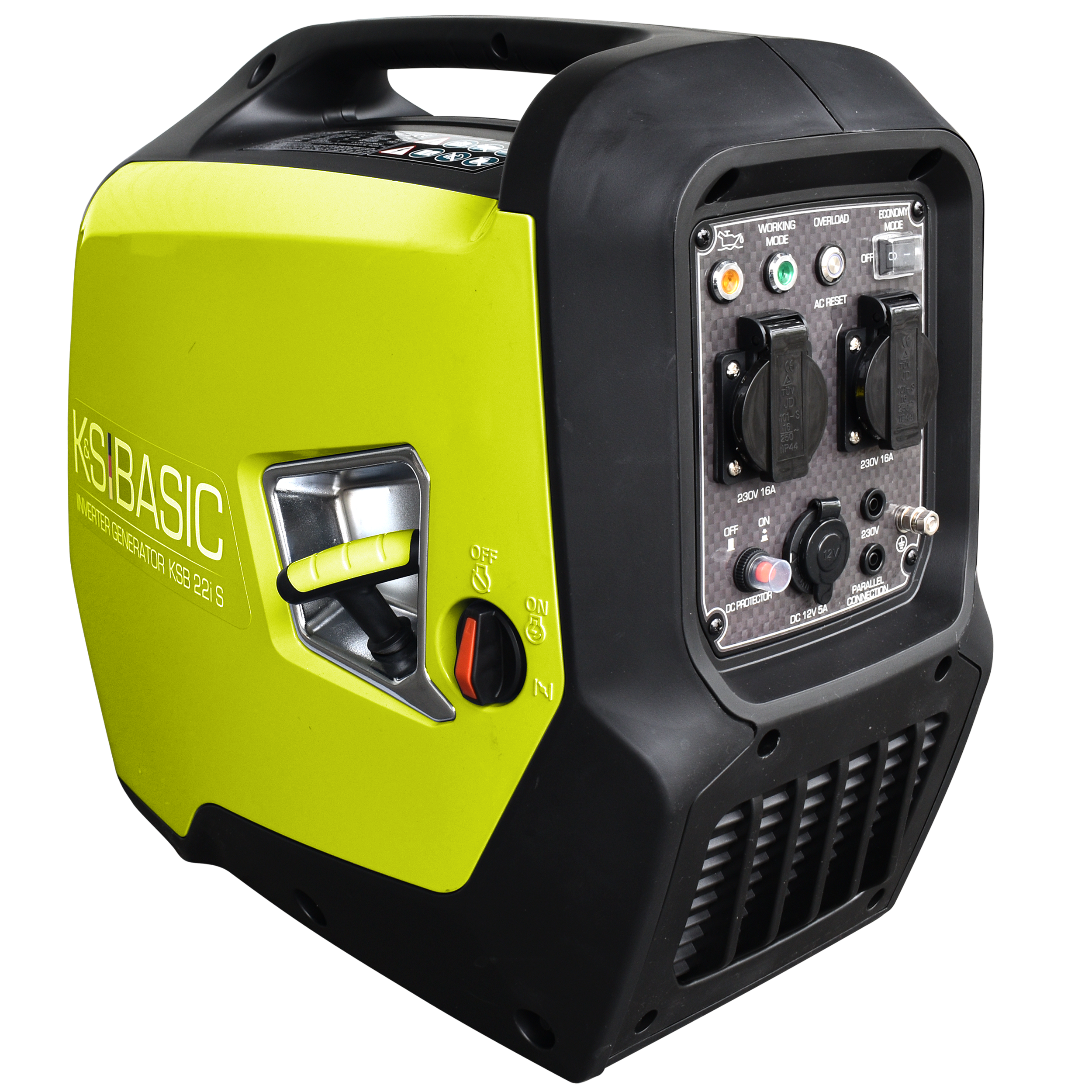 Limonkowo-zielony i czarny generator z panelem sterowania i uchwytem po lewej stronie.