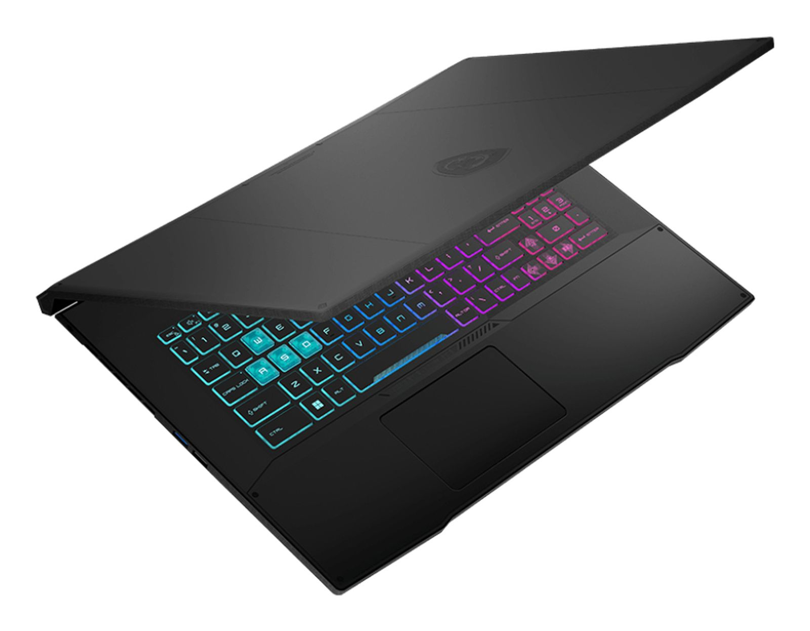 Czarny laptop z otwartą pokrywą, odsłaniający kolorową klawiaturę z góry. Białe tło.