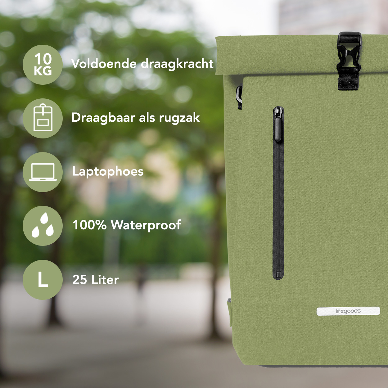 Green bike bag with features shown. Waterproof, laptop sleeve, 25L capacity, can be used as backpack.