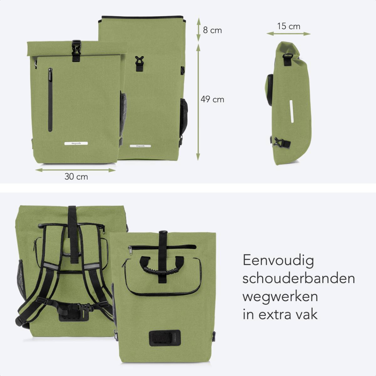 Three green bicycle bags with dimensions and features. The bags are on a white background.