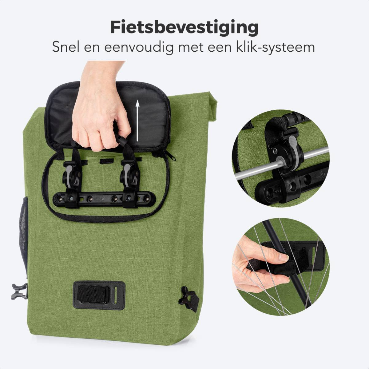 Green bike bag with click-system, showing how to attach it to a bike. Close up and hand action.