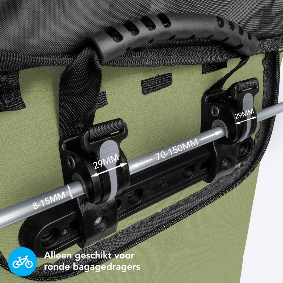 Close-up of a green bike bag attachment. Dimensions shown for mounting on a round rack.