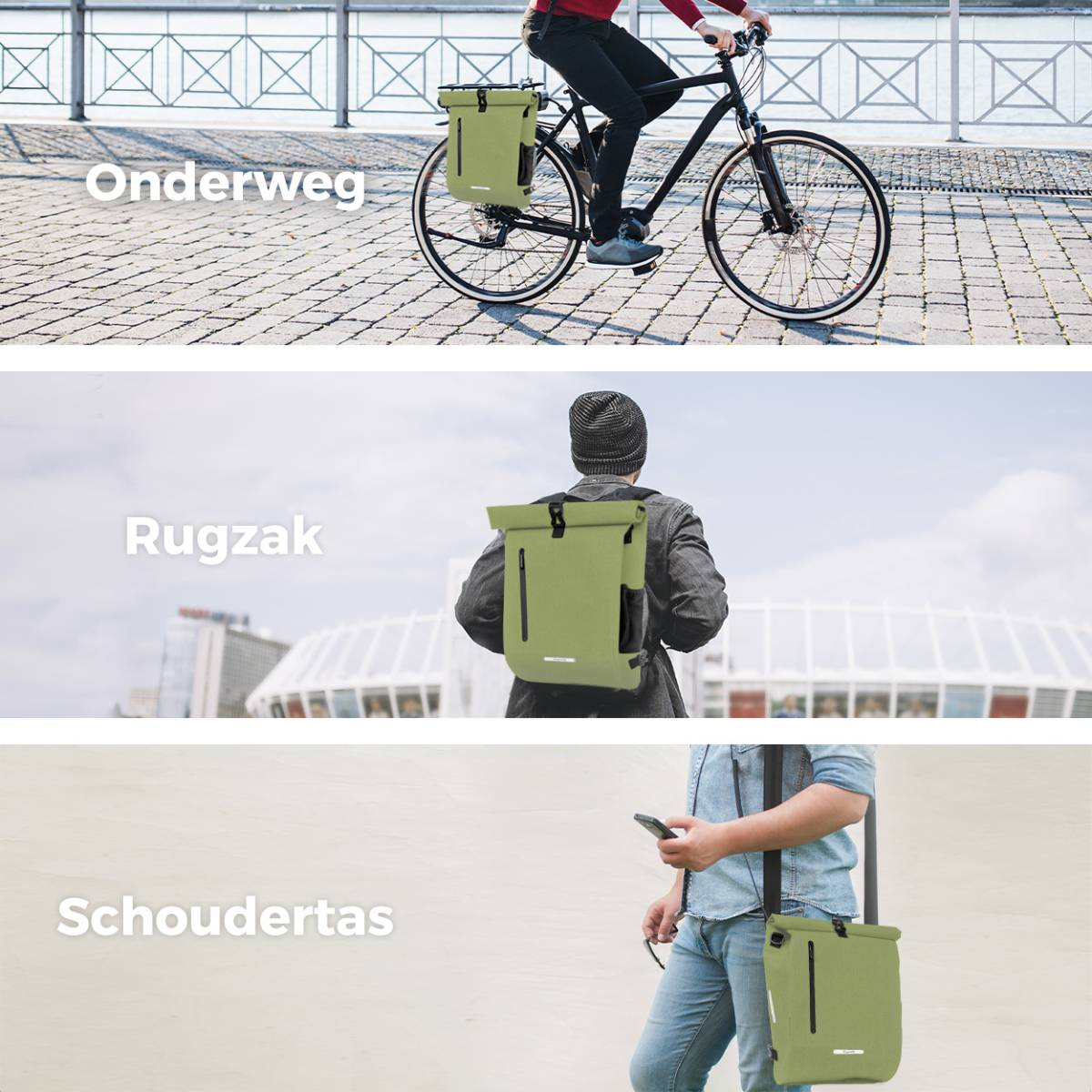 Cyclist with green bags on bike. Person with green backpack. Person with green shoulder bag.