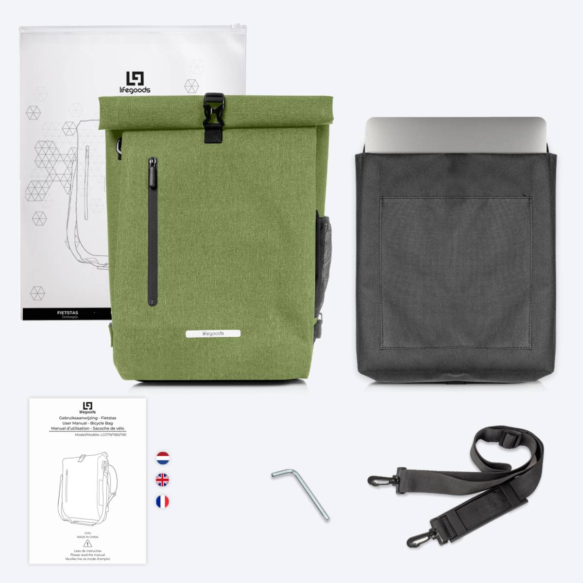 Green bike bag with accessories: laptop sleeve, tool, instructions, and shoulder strap.