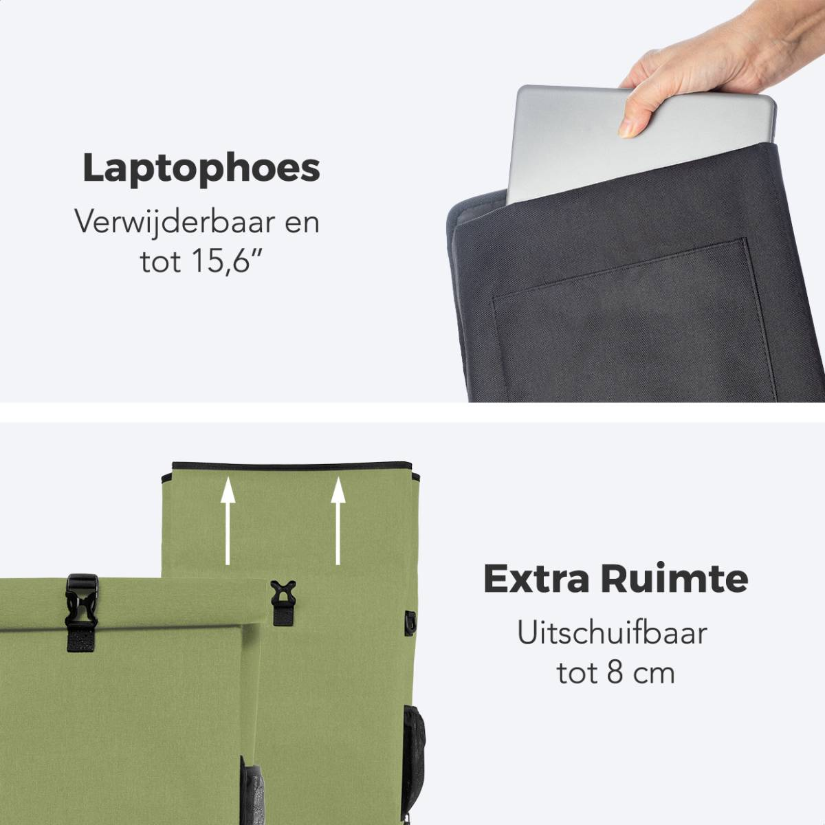 Green bike bag with laptop sleeve, removable and up to 15.6". Extra space expandable by 8 cm.
