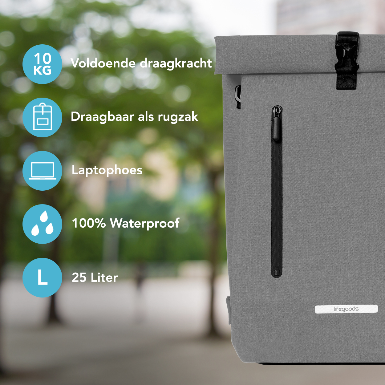 Gray bike bag with features displayed. Text: 10KG capacity, backpack, laptop sleeve, 100% waterproof, 25 liter.