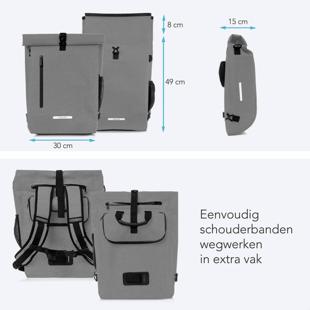 Gray bike bags, dimensions, and shoulder strap options. Text indicates how to work the straps away.