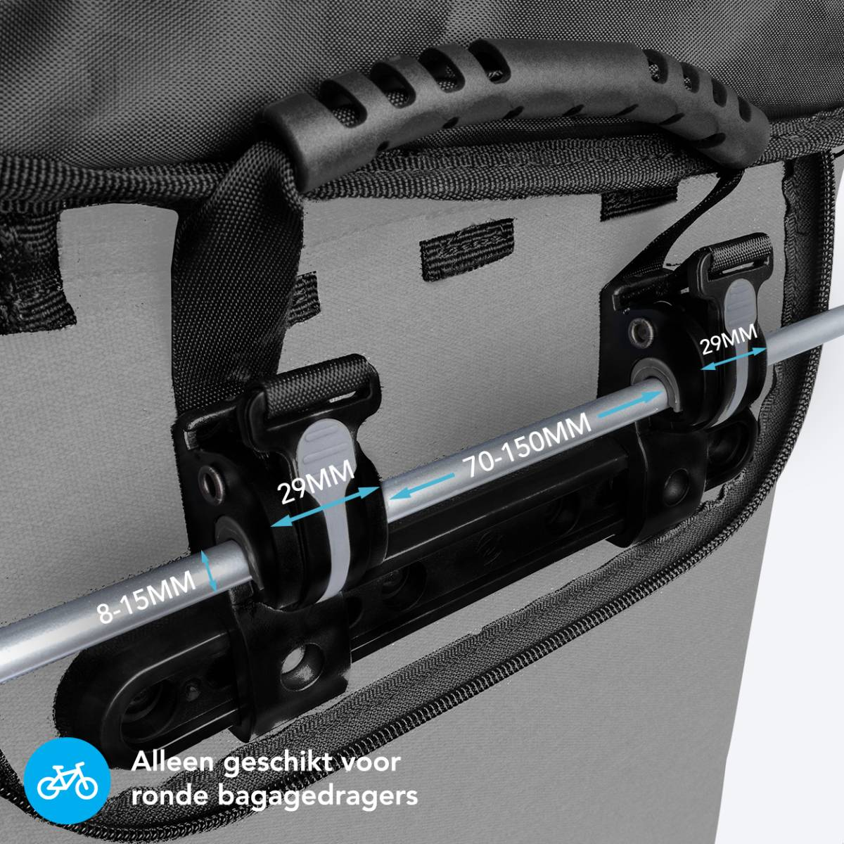 Close-up of a bike bag mounting system on a gray bag. Text: suitable for round racks only. Dimensions shown.
