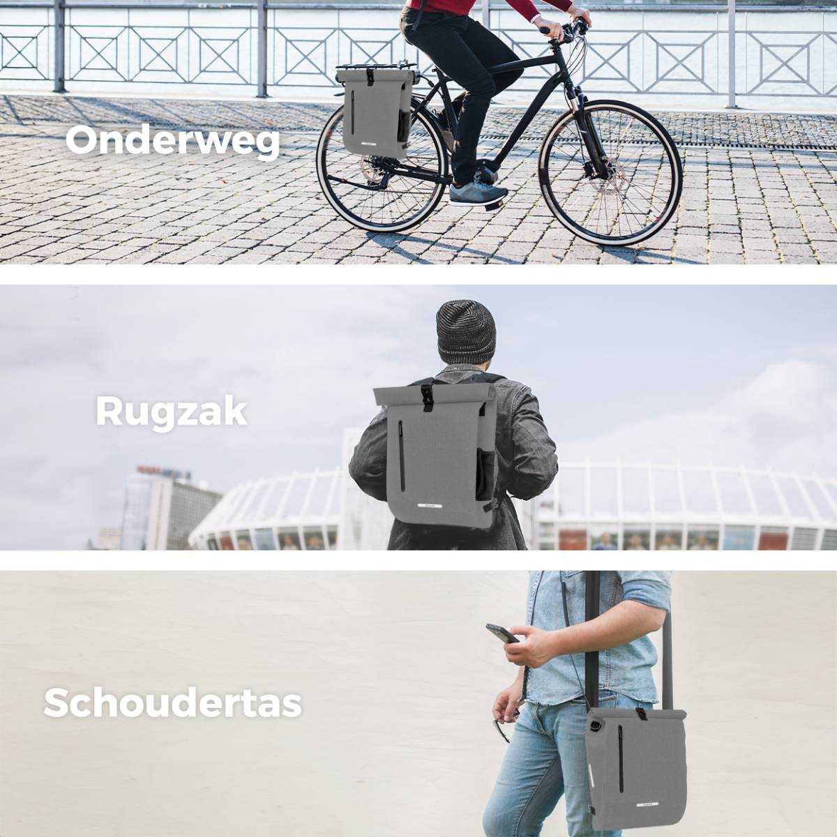 A cyclist rides a bike with a grey bag. A person wears a backpack. Another holds a bag.