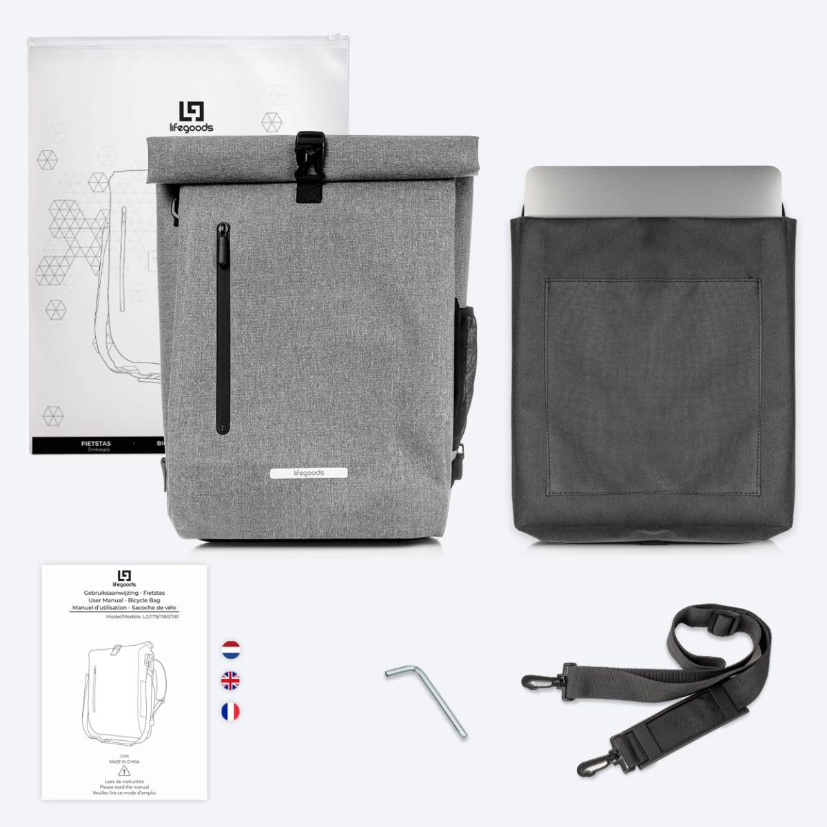 Gray bike bag with accessories. Includes bag, laptop sleeve, shoulder strap, tools, and instruction manual.