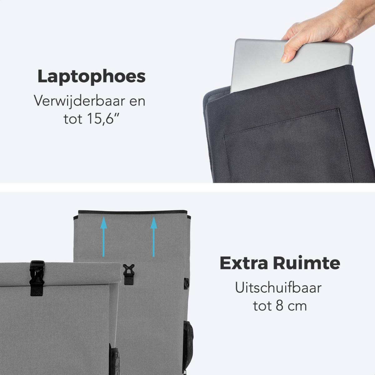 A hand inserts a laptop into a black laptop sleeve. The bag expands.