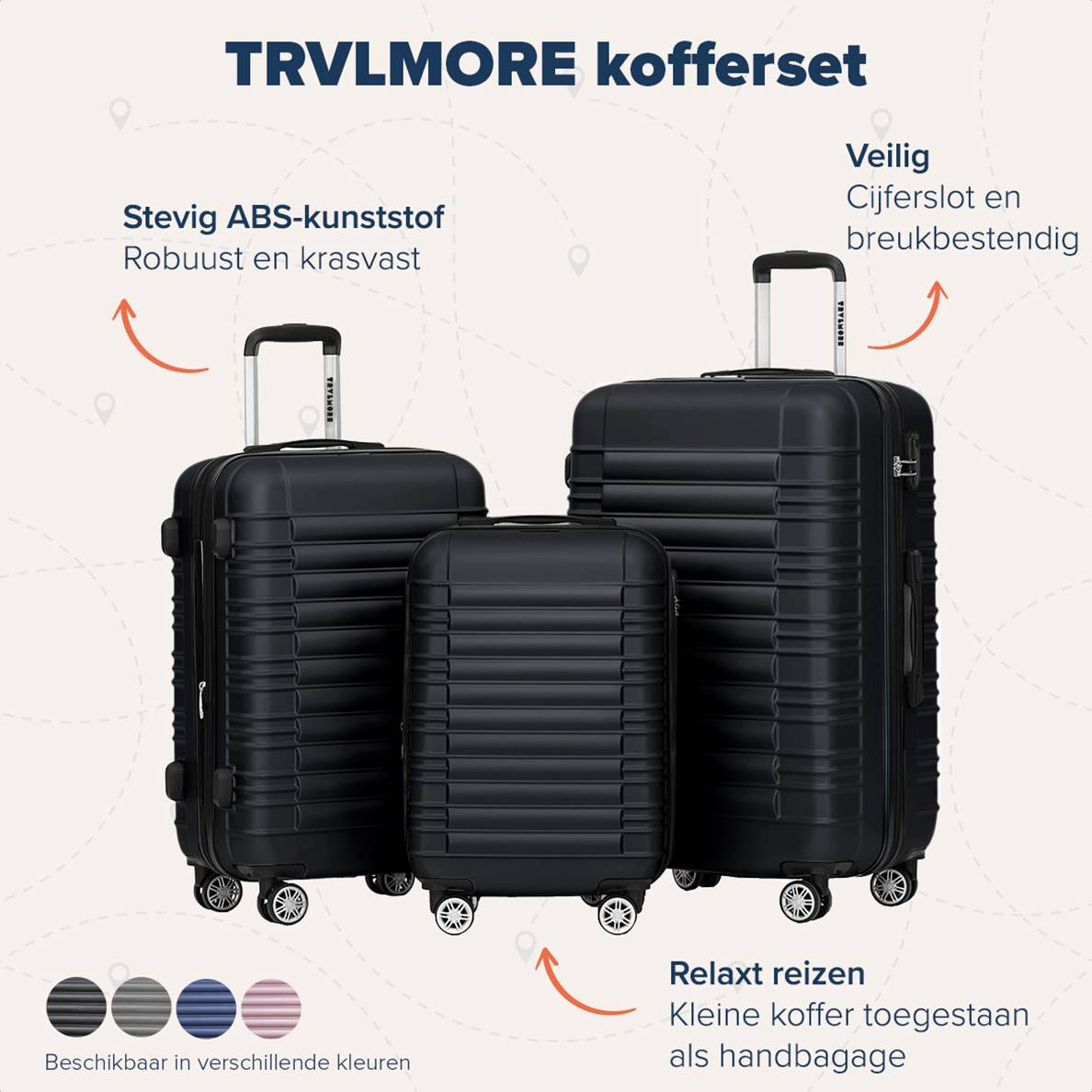 Three black suitcases with text, arrows and icons, against a light background.