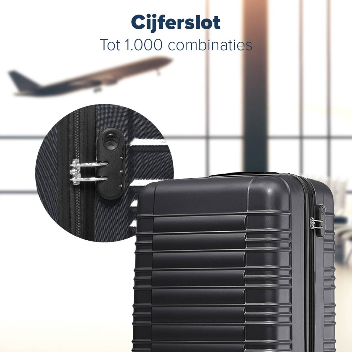 Black suitcase with number lock, airplane in background.