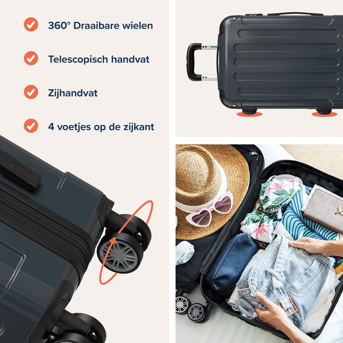 Image showing suitcase features: 360 wheels, telescopic handle, side handle, and feet.