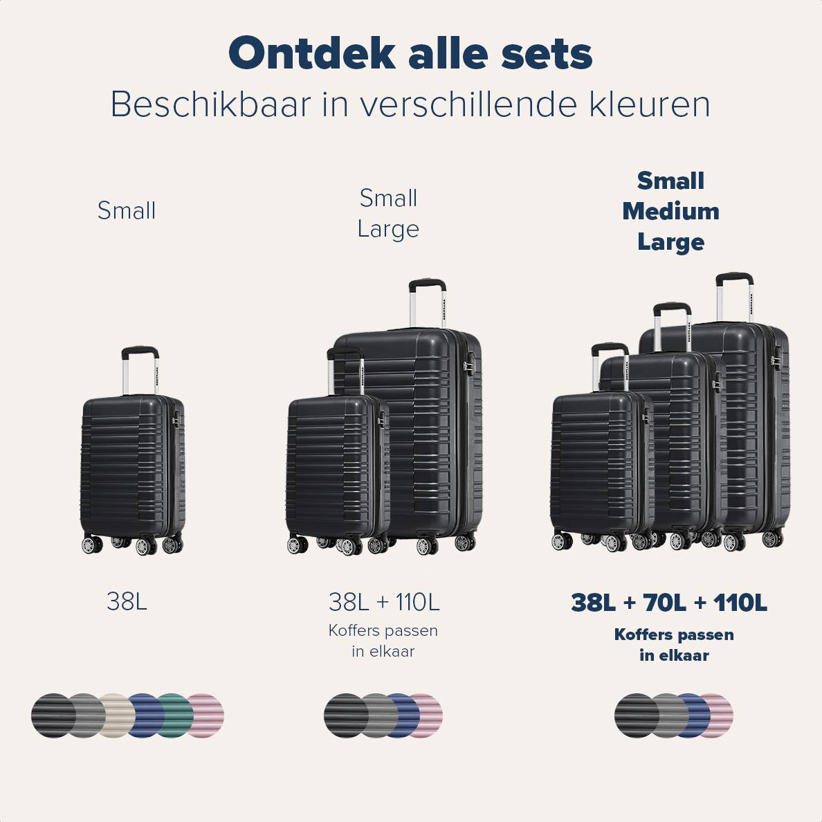Black suitcases in sets of sizes: small, small-large, and medium-large.