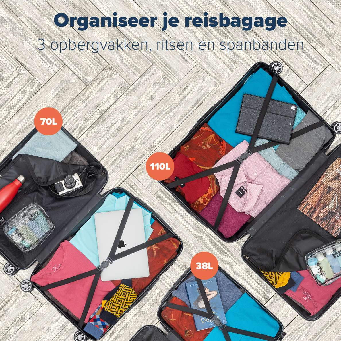 Drie open koffers met inhoud, met capaciteit in liters: 70L, 110L en 38L.