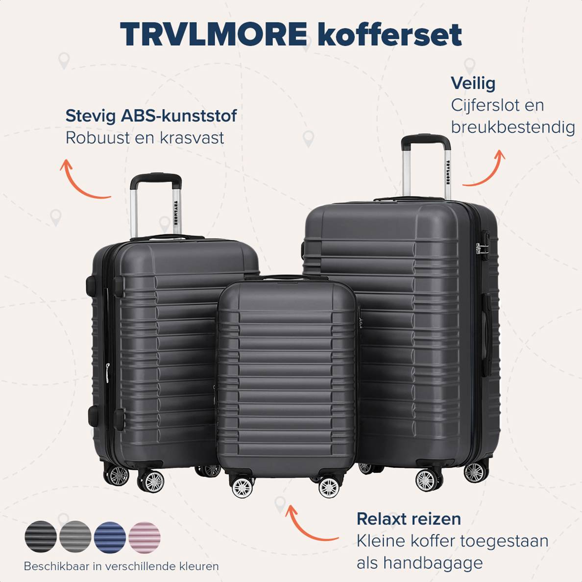Three dark gray suitcases, labeled 'TRVLMORE kofferset'. Text describes ABS plastic and safe closures.