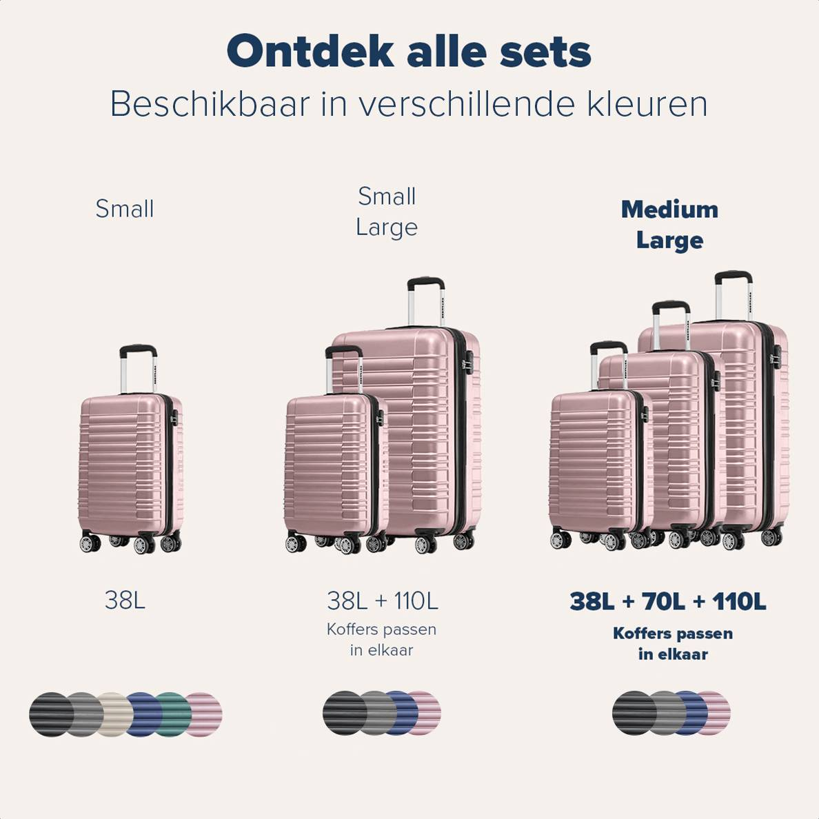 Roze koffers in sets van maten: klein, klein-groot en medium-groot.