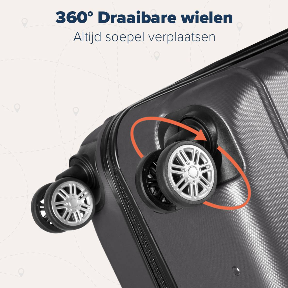 Close up of a suitcase wheel. The wheel is black and silver, and it can rotate 360 degrees.