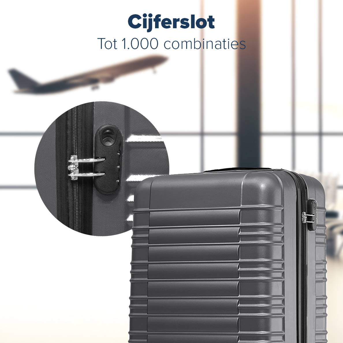Close-up of a gray suitcase's combination lock with an airplane in the background. The lock has up to 1,000 combinations.