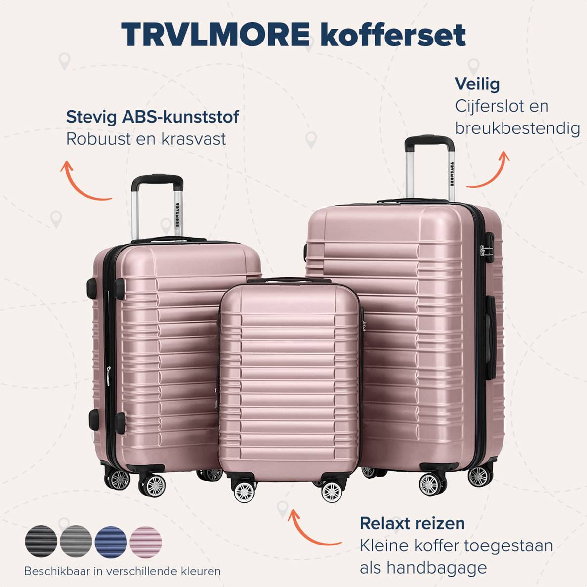 Drie roze koffers worden weergegeven. Kenmerken zijn ABS-kunststof, een veilig slot en soepel reizen. Verkrijgbaar in meerdere kleuren.