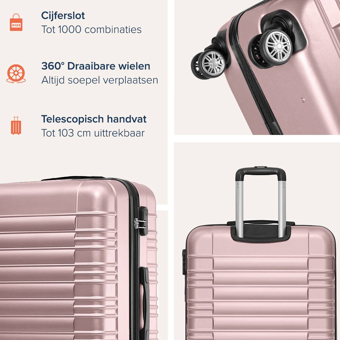Close-up van een roze koffer met functies: combinatieslot, 360°-wielen en een telescopische handgreep die tot 103 cm uitschuift.