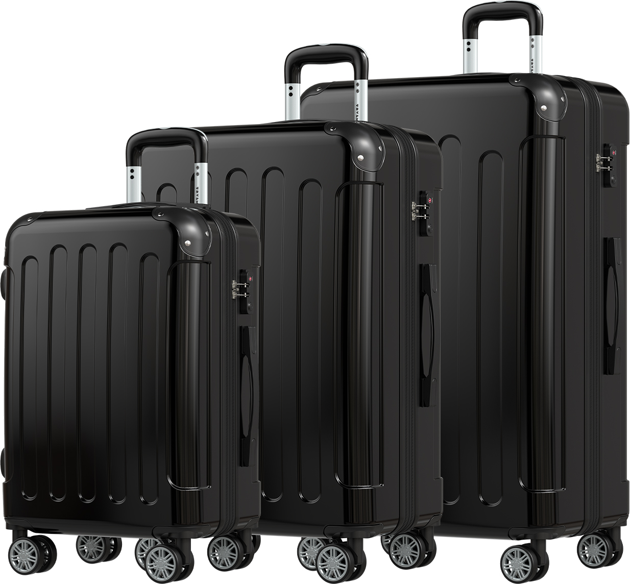 Trois valises noires de différentes tailles. Elles sont sur fond blanc. Elles semblent robustes et brillantes.