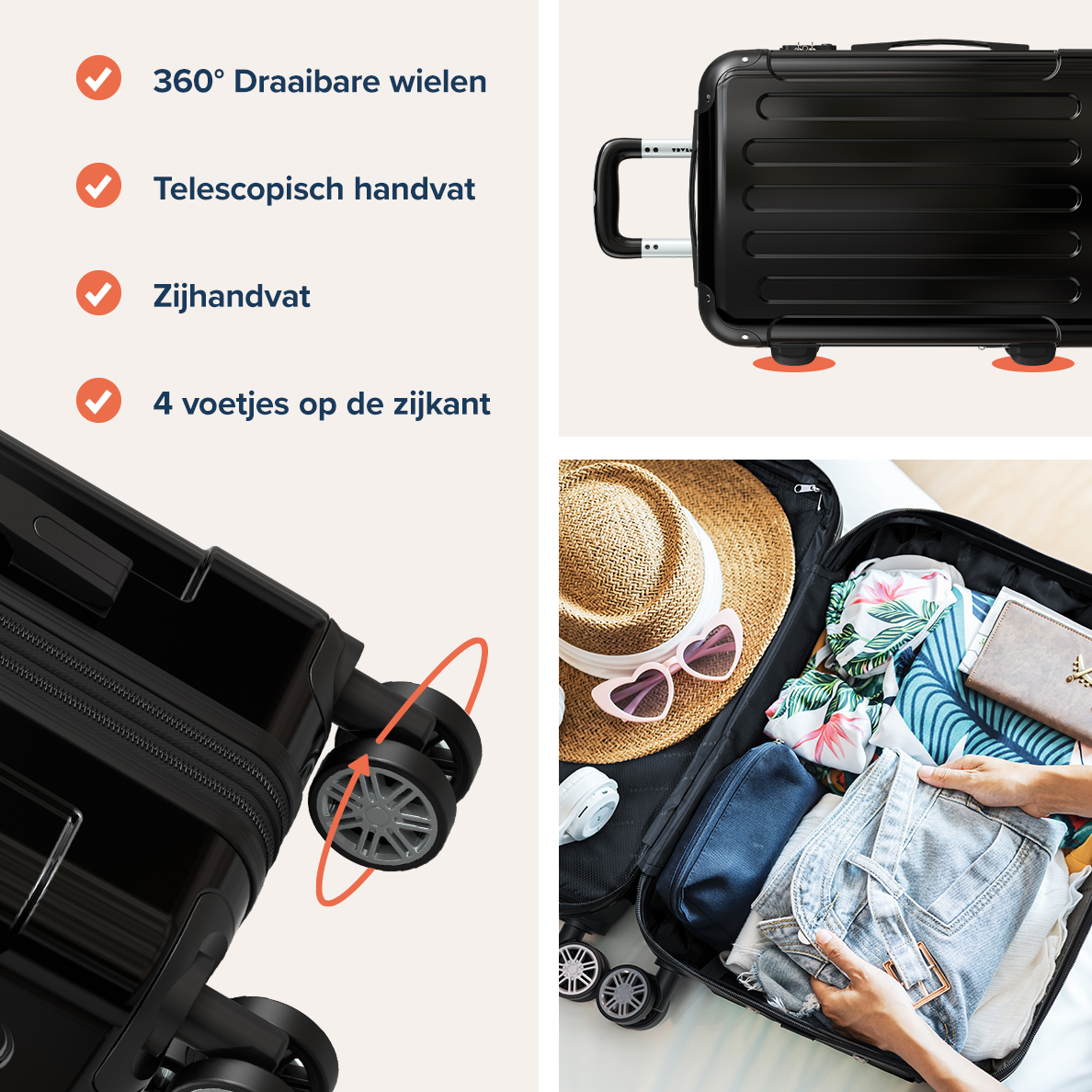 Une valise noire présente des roues à 360°, une poignée télescopique, une poignée latérale et 4 pieds sur le côté. À l'intérieur, une valise avec des objets.