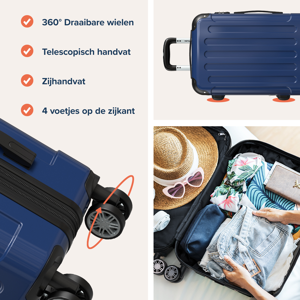 Blauwe koffer met kenmerken. Binnenin zijn kleding, hoed en accessoires verpakt.