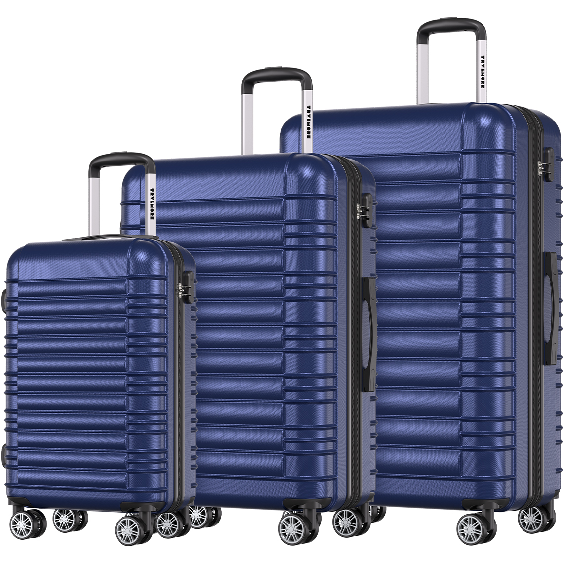 Three navy blue suitcases with handles and wheels, with the brand name on the handles.