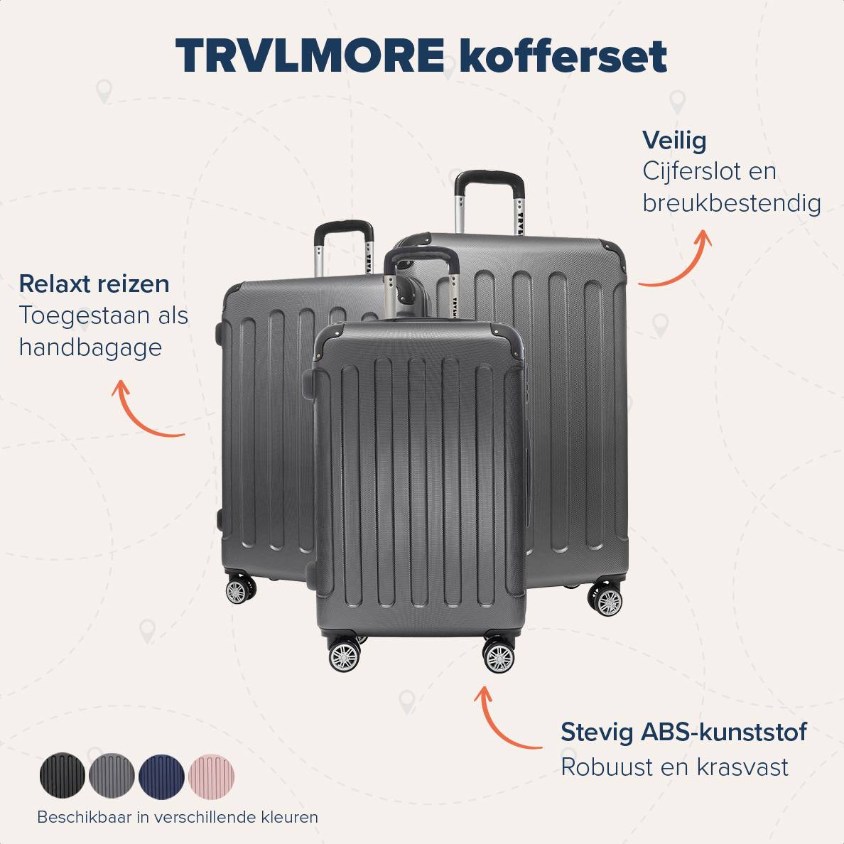 Drie grijze koffers met de tekst 'TRVLMORE kofferset'. Pijlen geven kenmerken aan: handvat, slot en wielen.