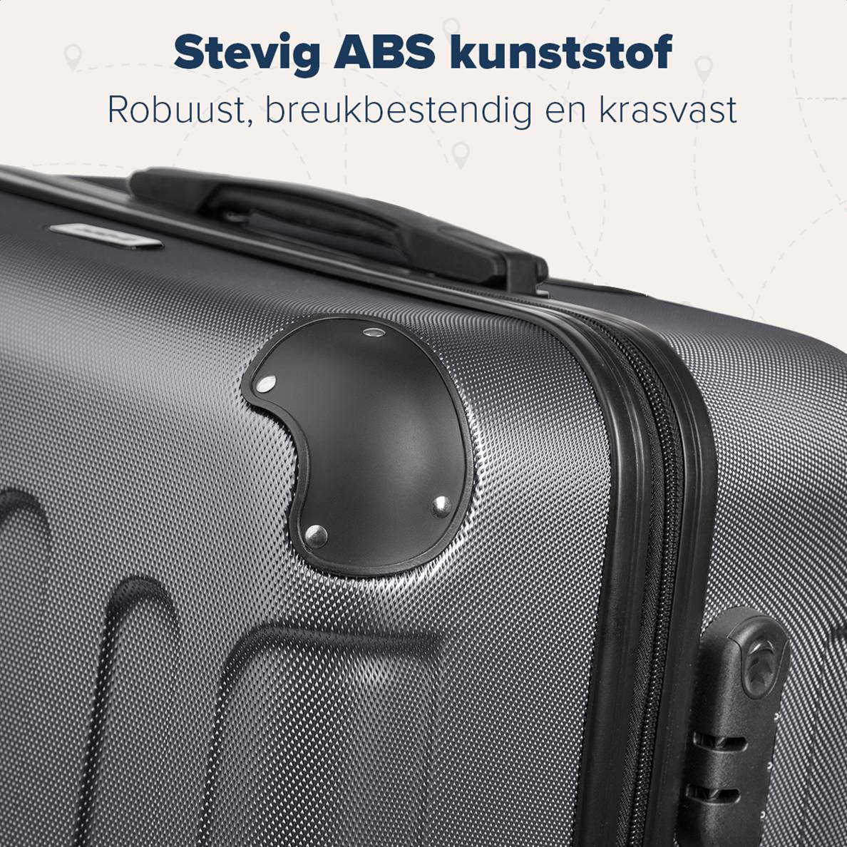 Close-up van een grijze koffer. Tekst in het Nederlands: Sterk ABS-kunststof, robuust, breukvast.