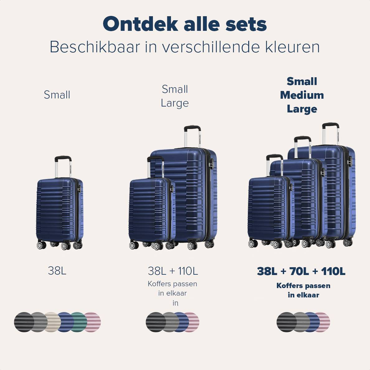 Suitcases in several sizes and colors are displayed with their volume in liters.